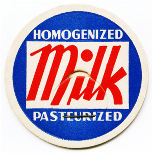 Image of vintage milk cap with blue background and text "homogenized and pasteurized"